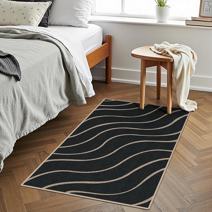 Easy Jute 2x3 Black Wave Area Rug,Washable Entryway Rug, Small Modern Door Carpet,Neutral Non-Slip Outdoor Indoor Farmhouse Rug for Kitchen Patio Entry Porch
