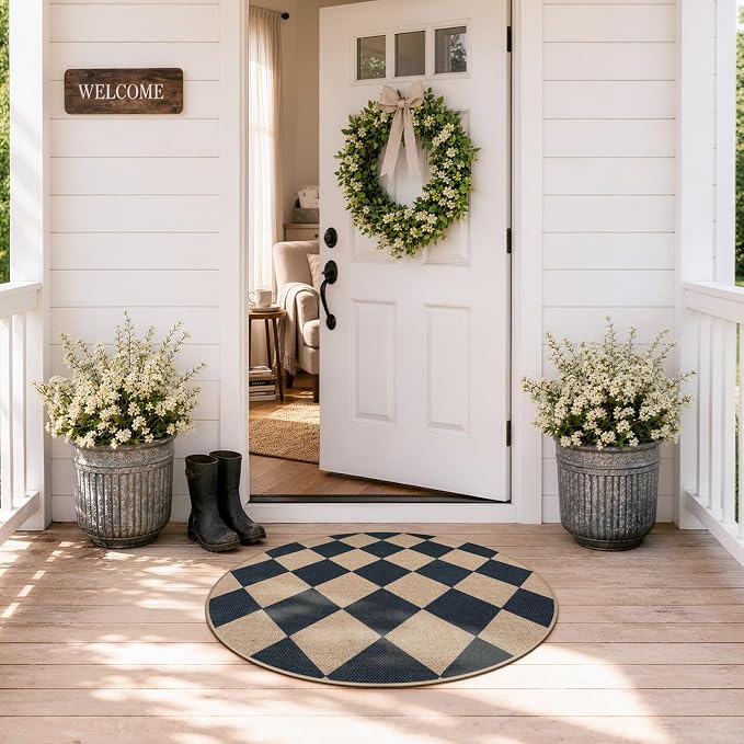 Lahome Checkered Easy Jute Entryway Rug, 3ft Round Washable Rugs Black | Farmhouse Natural Diamond Outdoor Carpet, Non Slip Non Shedding Mat for Indoor Front Door Entrance Kitchen Patio Porch Foyer