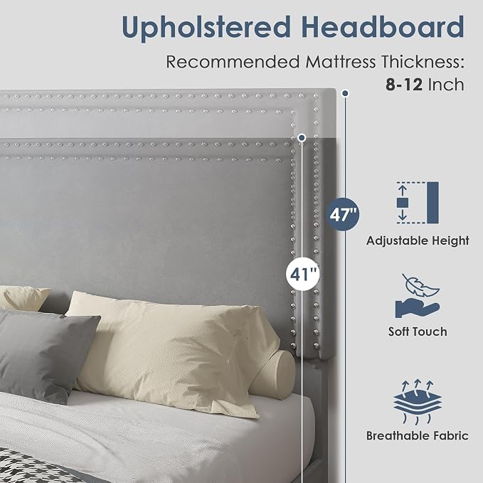 VECELO Queen Size Platform Bed Frame with Height Adjustable Upholstered Headboard, Modern Mattress Foundation,Strong Wood Slat Support, No Box Spring Needed, Easy Assembly,Light Grey
