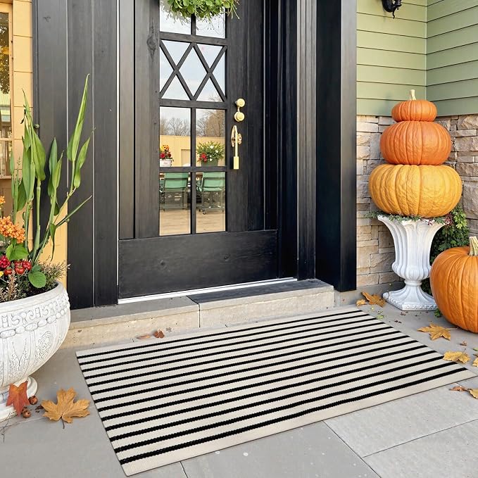 Collive Black and White Outdoor Rug Door Mat 24"x 51", Cotton Woven Striped Front Doormat, Washable Front Porch Outdoor Decor for Farmhouse Front Door Layered Kitchen Porch