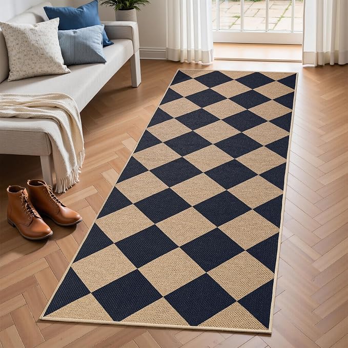 EDIMENS 2x6 Checkered Easy Jute Washable Kitchen Indoor Outdoor Runner Rug | Non Slip Front Door Runner Rug for Laundry Balcony Low Pile Rugs Black Checkerboard Carpet for Hallway 6ft Entry