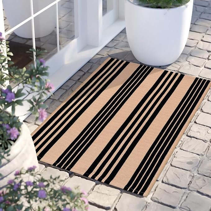 LEEVAN 2'X3' Black and Tan Striped Woven Cotton Reversible Outdoor Rug | Small Machine Washable Front Porch Rug, Entryway Door Mat, Indoor Layering Carpet for Farmhouse Bathroom Laundry