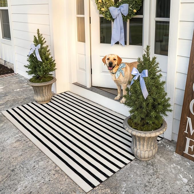 Collive Black and White Rug 3x5, Washable Outdoor Rug for Porch Cotton Woven Farmhouse Indoor Outdoor Rugs, Layered Welcome Door Mat, Floor Throw Carpet for Fall Front Door Decor Kitchen