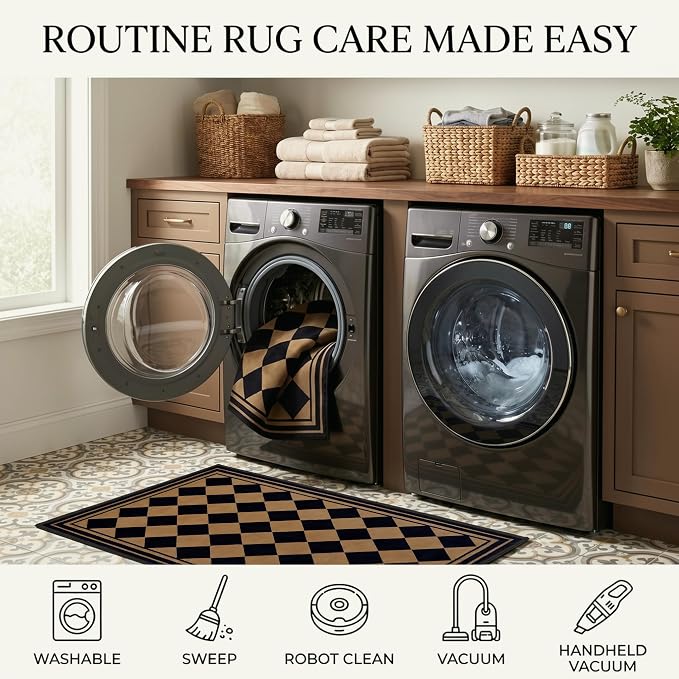 Checkered Rug 3x5, Washable Non-Slip Checkerboard Rug, Black and Tan Diamond Neutral Farmhouse Style Mat for Entryway, Kitchen, Laundry Room, Patio, Porch