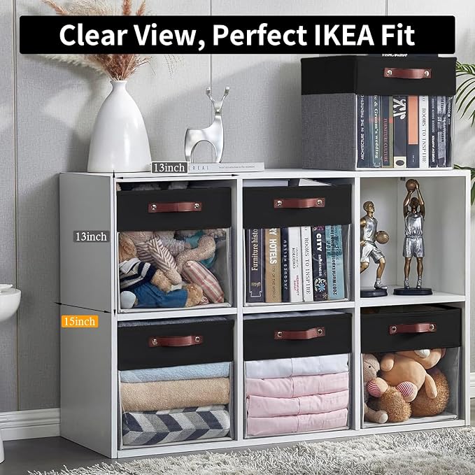 Bagnizer Storage Cubes, 4 Pack Linen Foldable Storage Bins with Clear Window and 2 Handles, 13x15x13 Storage Cube Bins for Shelf Closet, Kallax, Clothes, Books - (Gray / Black)
