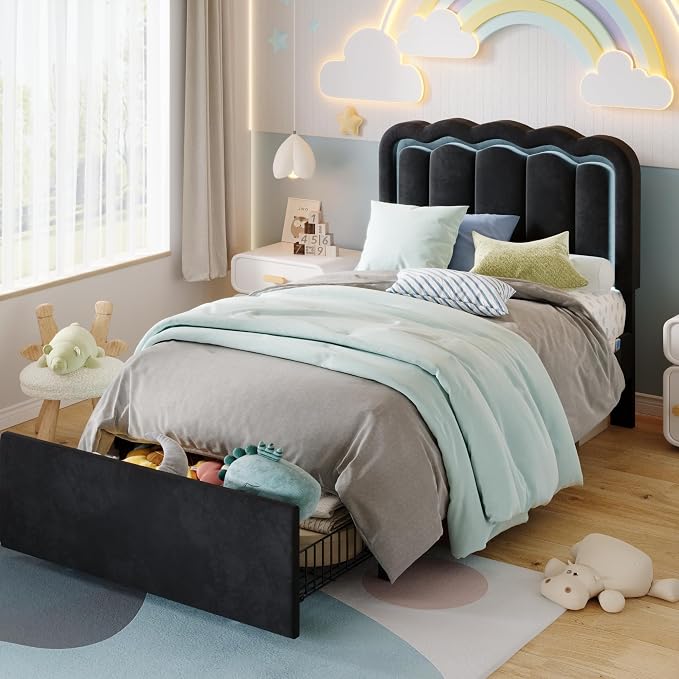 SHA CERLIN Twin Size Bed Frame with LED Lights and Storage Drawer, Black | Upholstered Velvet Platform Bed with Adjuatable Wavy Headboard, Noise-Free, Easy Assembly,No Box Spring Needed