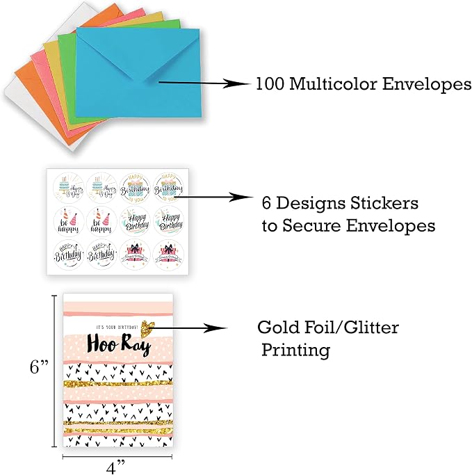 100 Unique Birthday Cards Assortment with Greetings Inside, Gold Foil Printing, Assorted Color Envelopes, 6 Sticker Designs to Seal Envelopes. 4x6 Inch