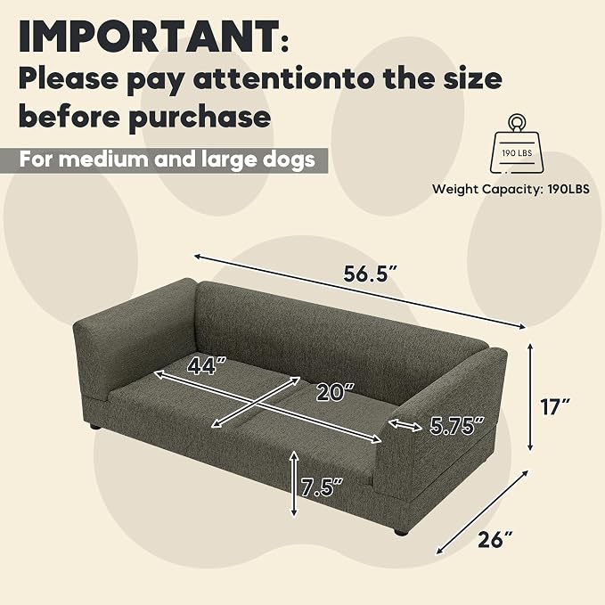 56.5" Dog Sofa Couch for Medium and Large Dogs with Backrest and Armrest, Memory Foam Dog Sofa Bed, Modern Elevated Pet Couch Bed with Legs for Dogs, Dark Grey