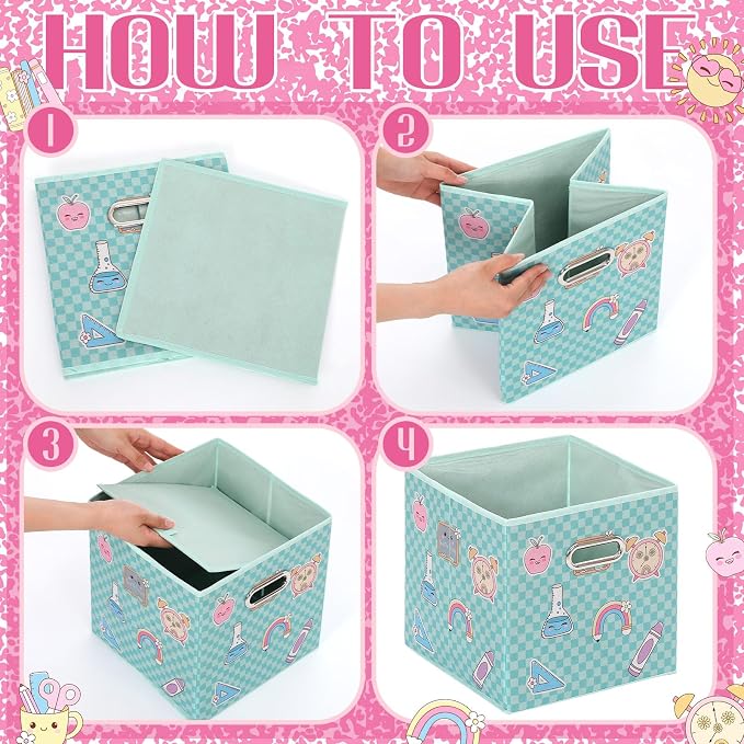 Gerrii 6 Pack 11 Inch Cube Storage Bins for Classroom Foldable Fabric Storage Cube Bins Pencil Composition Notebook Organizing Baskets with Grommet Handles for Back to School Organizer Shelves Decor