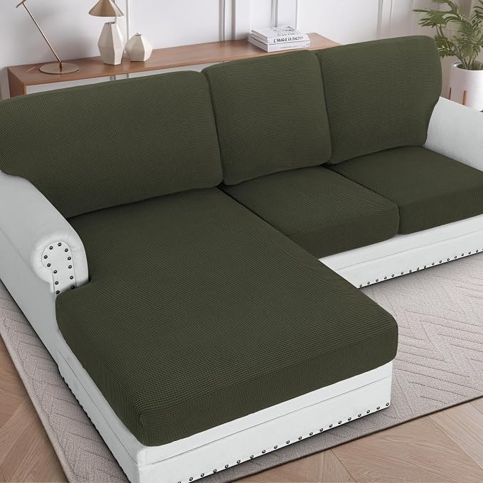 H.VERSAILTEX Sectional Couch Covers 3 Pieces Sofa Seat Cushion Covers L Shape Separate Cushion Couch Chaise Cover for Both Left/Right Sectional Couch (Seat Only: 1 Chaise + 2 Sofa, Olive)