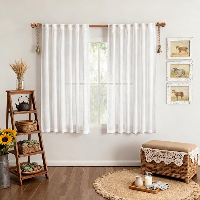 MYSKY HOME Short White Curtains for Kitchen Small Windows 45 inches Length, Linen Look Curtain Drapes Cotton Polyester Blend, Soft Fabric Light Filtering Privacy Protect, 50 x 45 inches, 2 PCs