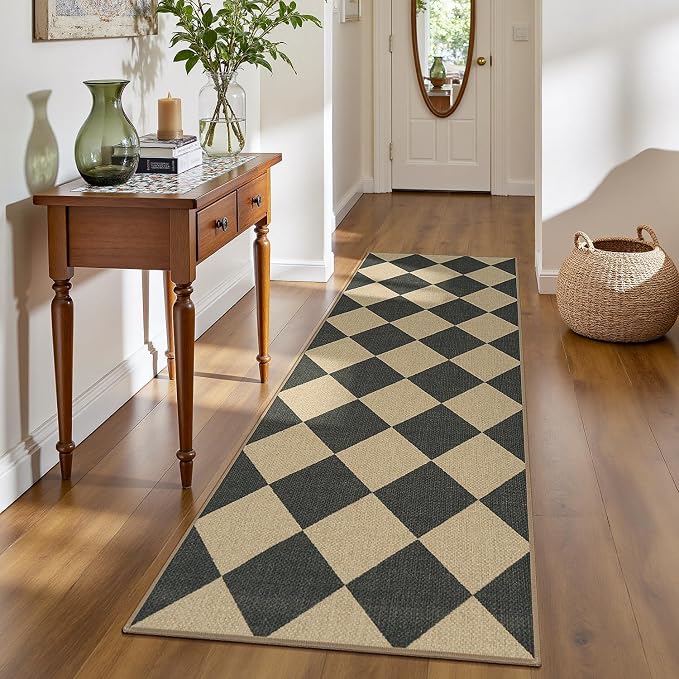 Lessymo Kitchen Runner Rug 2x6, Checkered Jute Rugs Washable Non Slip | for Entryway Hallway, Farmhouse Diamond Bedside Rugs Indoor Outdoor Carpets for Patio Porch, Stain Resistant, Black/Beige