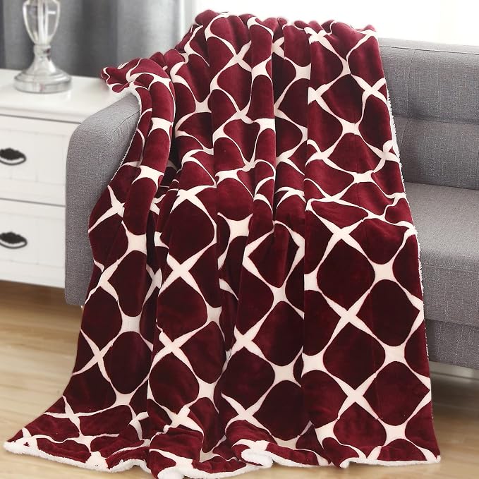 Elegant Comfort Luxury Ultra-Plush Velvet Touch FleeceThrow Soft, Warm, Cozy| Micromink Sherpa-Backing Reversible Blanket for Bed, Sofa and Couch, (50" x 60"), Bloomingdale Burgundy