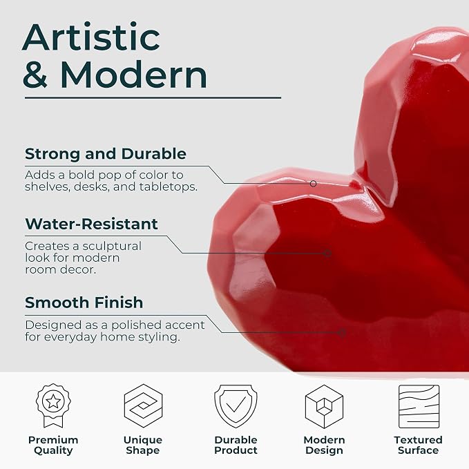 Decorative Ceramic Heart Sculpture for Home Decor - Ornaments for Bathroom, Office, and Living Room Decor - Modern Figurine Accent for Bedroom, Shelf Display, and Coffee Table - 8", Red