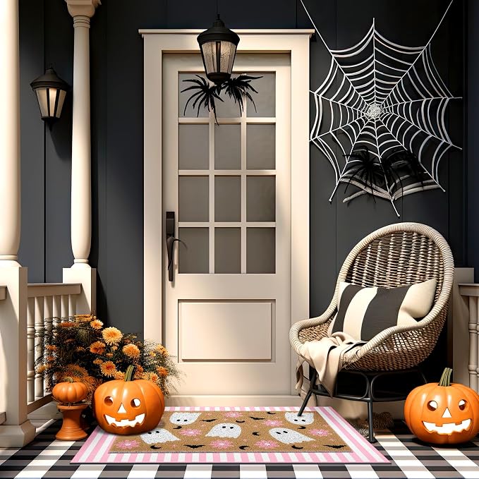 Tinideya 2 Pcs Pink Halloween Layered Doormat Set, Ghost Coir Doormat with Pink White Striped Rug, Cute Halloween Welcome Mats for Front Door Porch Entryway Outdoor Fall Decor