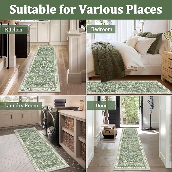 Yamaziot Washable Area Rug 3x5 – Small Non Slip Boho Area Rug for Bedroom, Low Pile Distressed Carpet for Living Room, Bedroom, Kitchen, Entrance, Green