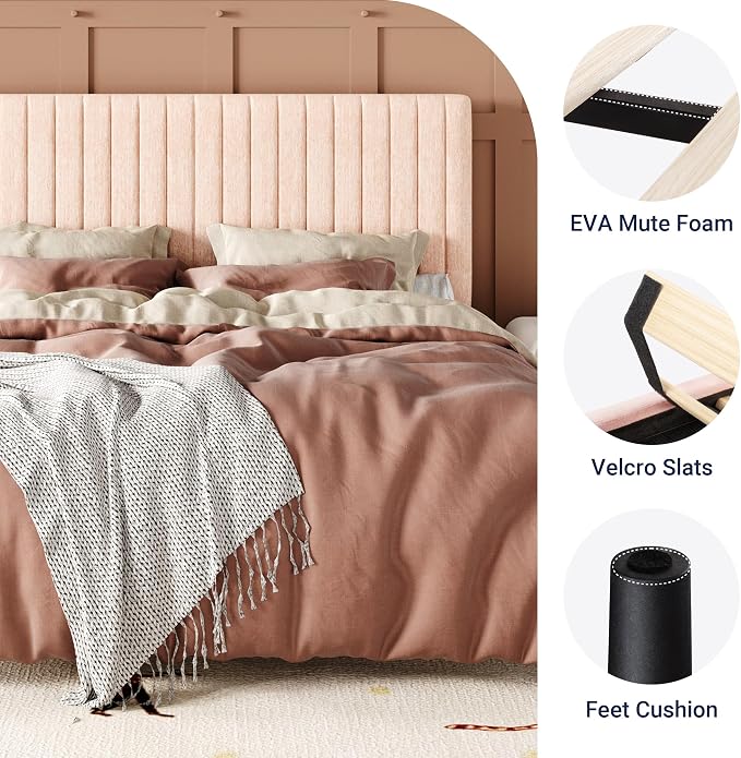 Allewie Full Bed Frame, Upholstered Platform Bed with Adjustable Vertical Channel Tufted Headboard, Mattress Foundation with Strong Wooden Slats, Box Spring Optional, Easy Assembly, Chenille Pink