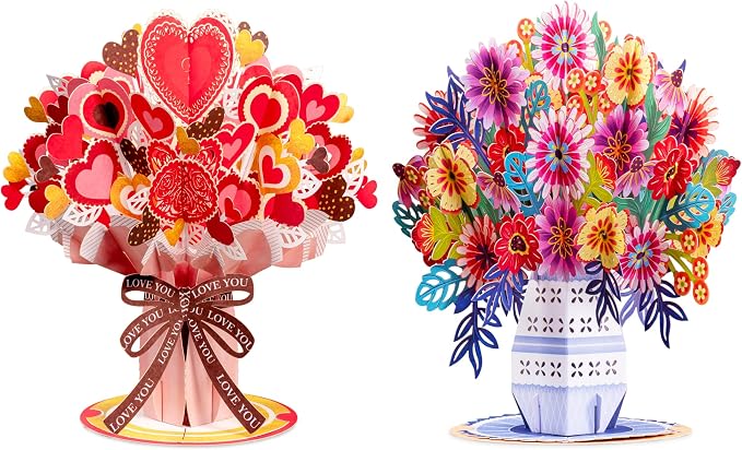 Paper Love HugePop Flower Bouquet Pop Up Cards 2 Pack - Includes 1 Heart Bouquet and 1 Exotica Flower Bouquet, Gift For Mothers Day, Birthday, Valentines Day, All Occasions - Jumbo 10" x 14" Card