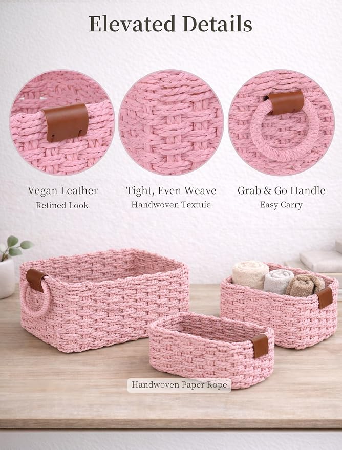 Small Wicker Baskets, 3 PCS Paper Rope Baskets for Shelves, Pink | Recycled Small Baskets, 3 Sizes Woven Baskets for Organizing, Decorative Storage Baskets for Bedroom and Bathroom