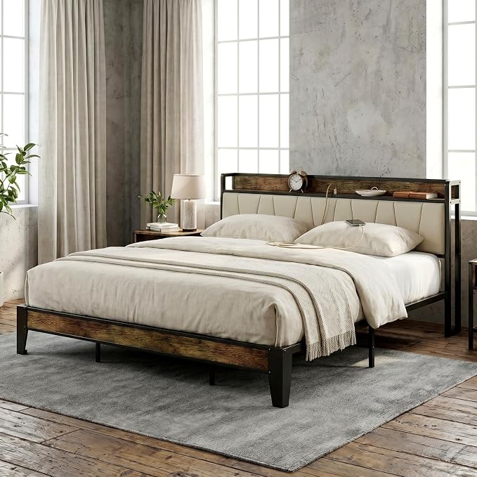 LIKIMIO King Bed Frame, Storage Headboard with Charging Station, Solid and Stable, Noise Free, No Box Spring Needed, Easy Assembly (Walnut and Beige)