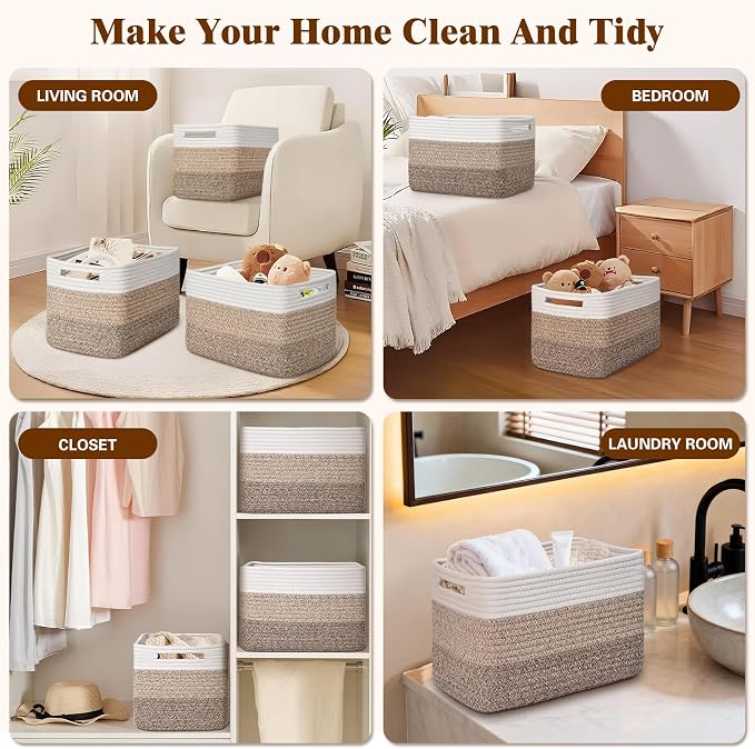 Storage Baskets for Organizing, 4 Pack Baskets for Shelves, Decorative Storage Bins for Shelves, Cotton Rope Storage Basket with Handles, Woven Basket for Storage, 13''Lx8.7''Wx7.9''H, Gradient Brown