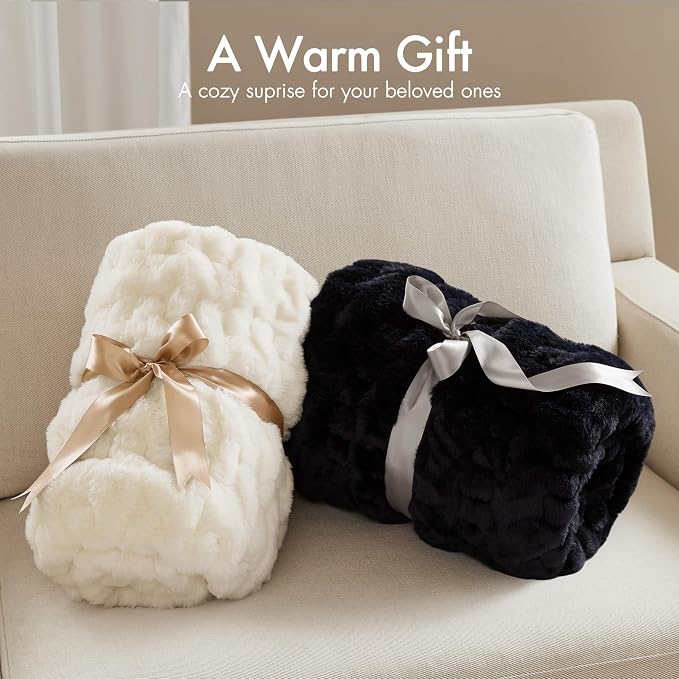Madison Park Ruched Fur Throw Faux Fur Blanket for Sofa, 50" x 60", Black | Luxury, Premium, Soft Cozy Brushed Long Pile, All Season Plush Modern OEKO- TEX Certification Warm For Bed, Couch or Sofa