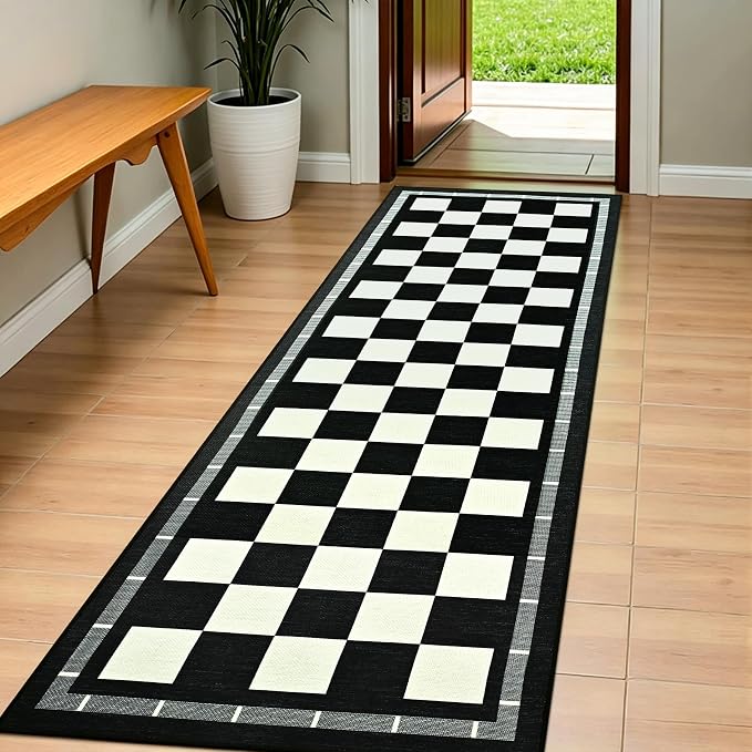 2.5x8 Jute Checkered Runner Rugs, Outdoor Runner Rug, Washable Hallway Rug | Patio Porch Balcony Runners Indoor Bedroom Kitchen Laundry Mat, Non Slip Plaid Farmhouse Carpet, Black and White
