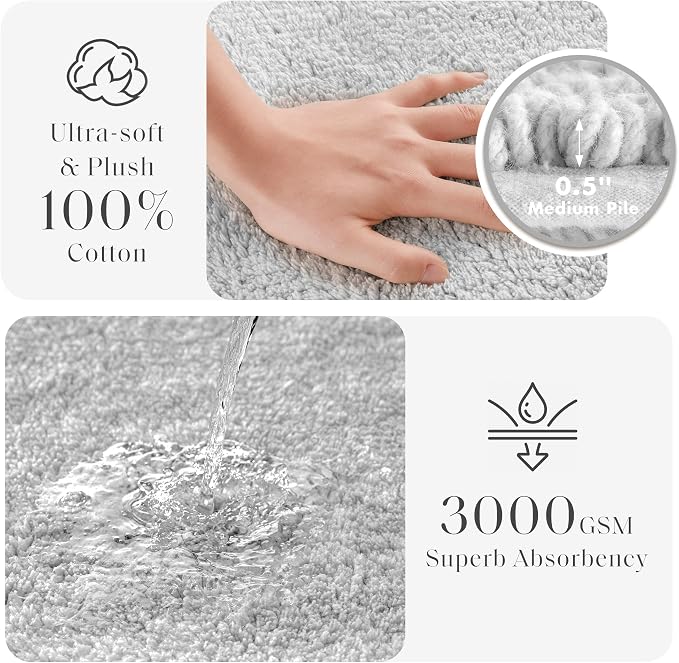 Madison Park Splendor Reversible 100% Cotton Bath Rug, 20 x 30, Grey | Tufted Bathroom Mat, 3000 GSM, Hotel Quality, Luxurious Plush, Medium Pile, Absorbent, Quick Dry, OEKO-TEX, Shower Room Décor