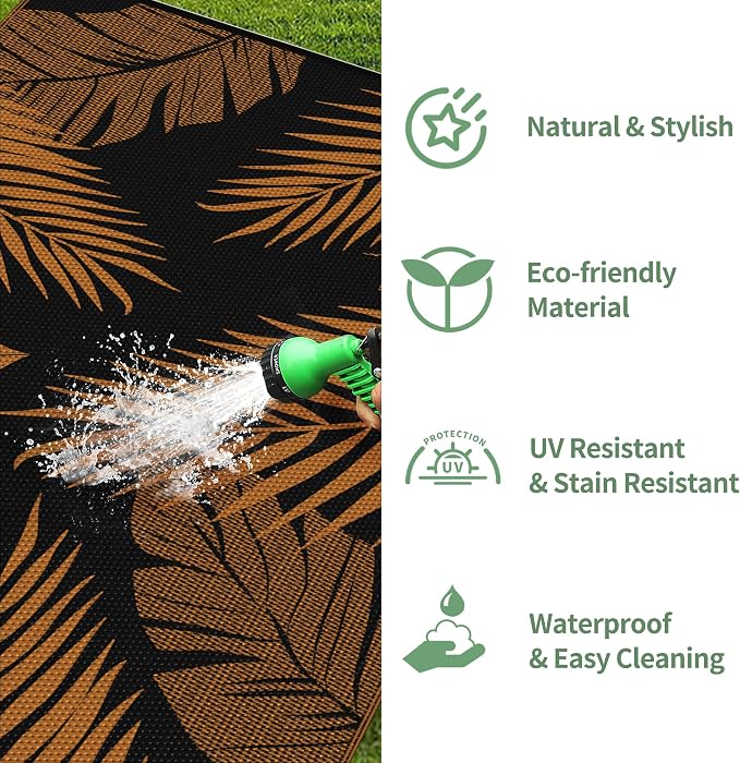 GENIMO Outdoor Rug, Waterproof Plastic Rugs for Patio, 6'x9' Orange Black | Outside Larger Leaf Carpet Mat for Porch Decor, Deck, Balcony, Camping, RV, Backyard, Picnic, Beach, Reversible, Foldable
