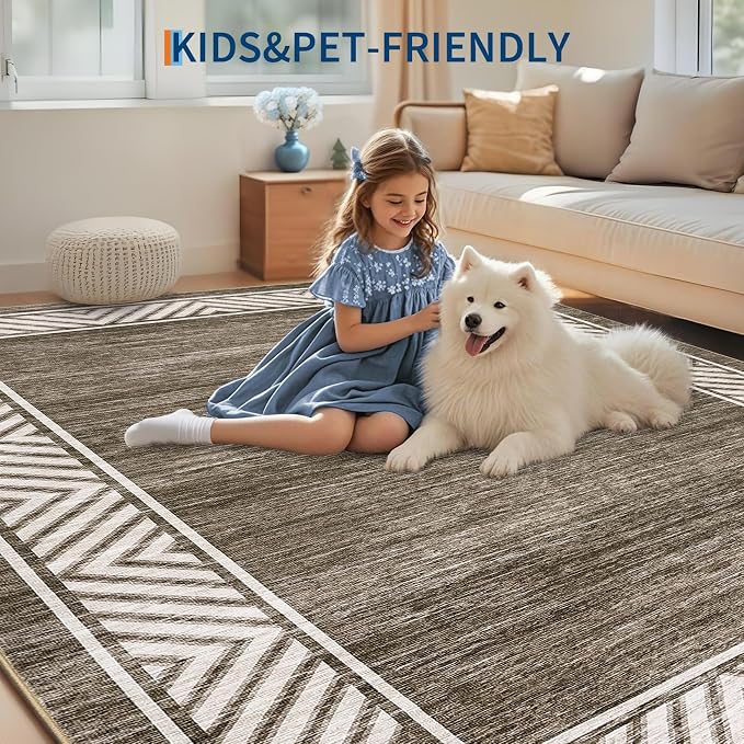 GarveeHome Modern Rugs for Living Room 8x10 Large Bordered Floor Mats with Non-Slip Backing, Stain-Resistant Bedroom Carpet, Foldable Geometric Indoor Rug for Dining Room, Kitchen, Brown