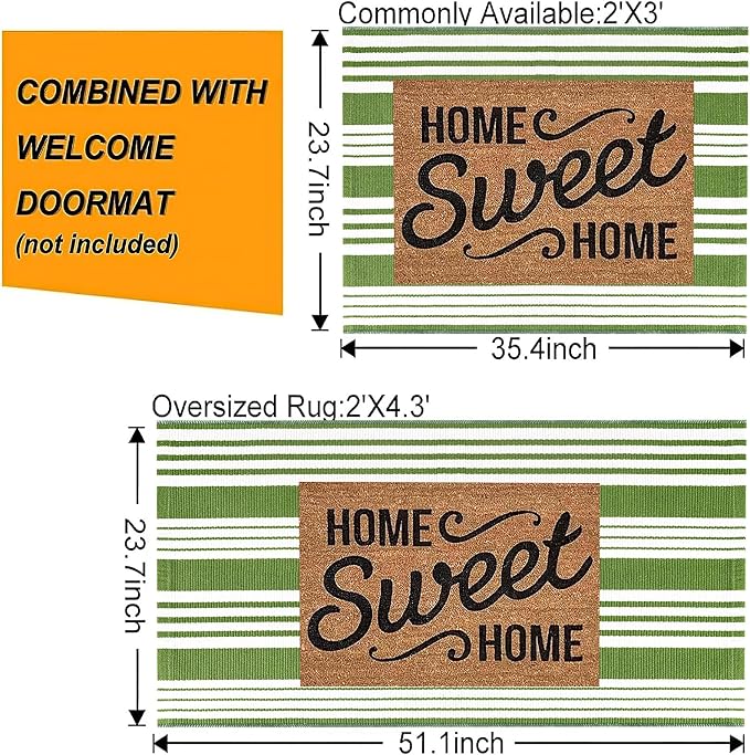 Green and White Striped Outdoor Rug 24'' x 35'' Door Mat Outdoor Machine Washable Welcome Mats Cotton Hand-Woven Entryway Rug for Front Porch/Entryway/Laundry/Bathroom/Bedroom