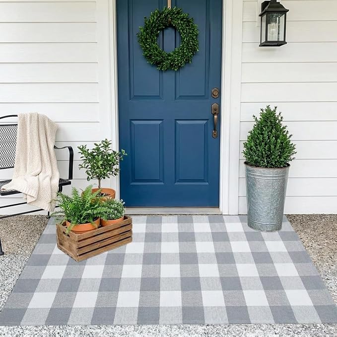 Buffalo Plaid Outdoor Rug 3x5 Ft Gray and White Checkered Area Rug Washable Doormats Indoor Outdoor Rugs for Layered Front Door Mats, Porch, Entryway, Kitchen, Farmhouse