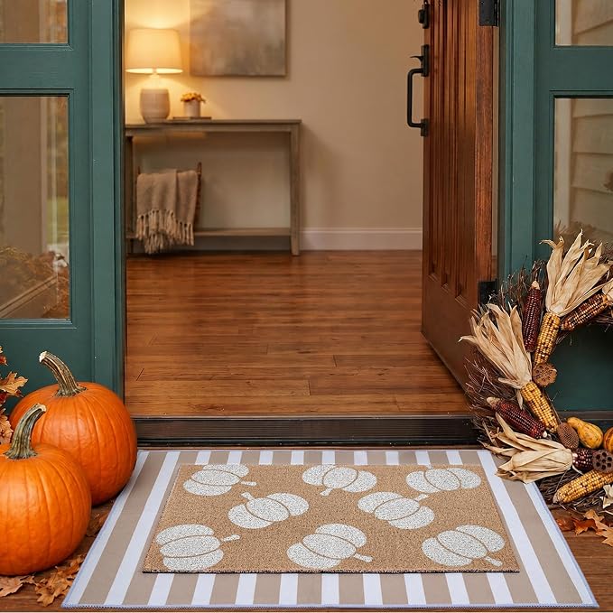 2Pcs Fall White Pumpkin Doormats Autumn Buffalo Plaid Striped Door Mats Set Outside Inside Entrance Porch Rugs Durable Scraping Wire Loop Crystal Velvet Floor Mat for Thanksgiving Decor 24x32