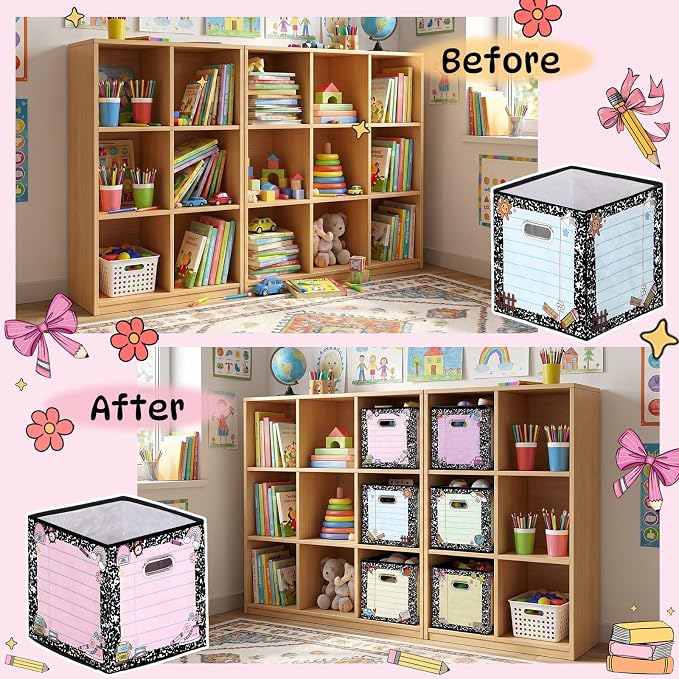 Gerrii 6 Pack 11 Inch Composition Notebook Fabric Classroom Storage Bins Pastel Foldable Cube Storage Bins Organizing Baskets with Handles for Back to School Daycare Elementary Preschool Decor