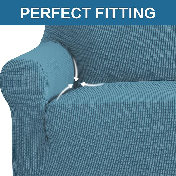 H.VERSAILTEX Stretch Couch Cover Couch Slipcovers for 2 Cushion Couch Washable Couch Covers 1 Piece with Elastic Bottom, Textured Checked Jacquard Fabric(Loveseat 58"-70" Wide, Storm Blue)