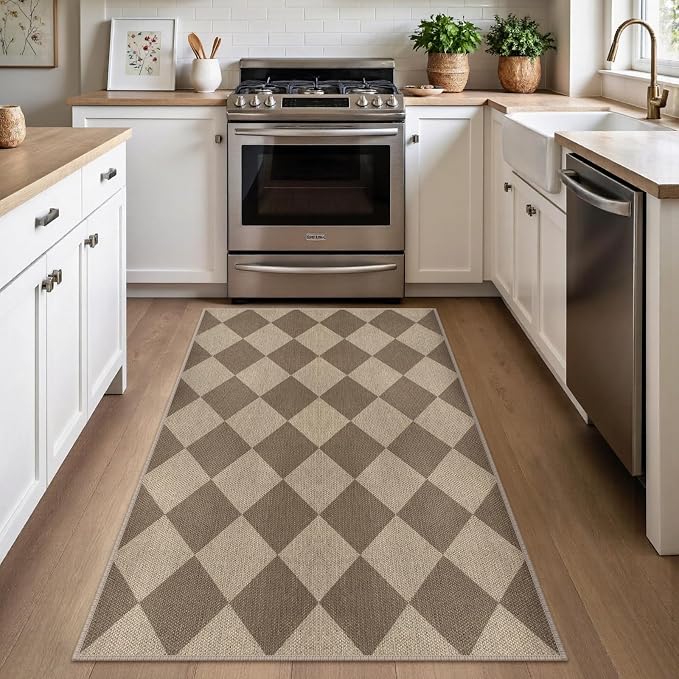 Rugalia Easy Jute Small Outdoor Patio Rug, 3x5 Brown Checkered Entryway Rug Washable Modern Diamond Kitchen Rugs, Non-Slip Neutral Farmhouse Throw Carpet for Living Room Porch Backyard