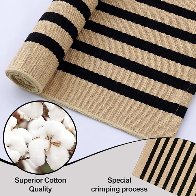 OLANLY Brown and Black Striped Rug 3' x 5' – Washable Cotton Doormat for Indoor Outdoor Use, Layered Front Porch Rug for Entryway, Kitchen, Patio