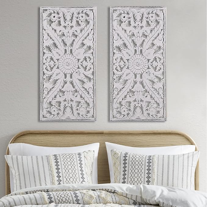 Madison Park Wall Art Living Room Décor - Vintage Botanical Carved Wooden Panel Home Accent Bathroom Decoration Ready to Hang Frames for Bedroom, 15.75"W x 31.5"L x 0.59"D, White 2 Piece