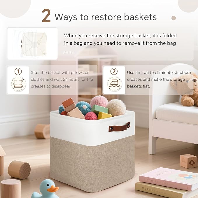 FinishingBo 11 inch Cube Storage Bin 6 Pack, Cube Organizer Bins | Fabric Storage Bins With Handles, 11x11 Storage Cubes, Shelf Basket, White/ Khaki