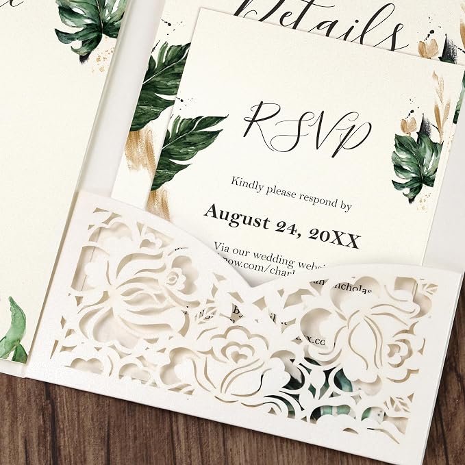 DORIS HOME Laser Cut Wedding Invitation Pockets, Ivory White, 5"x7" | 50pcs, With Envelopes, For Wedding & Anniversary, No Inserts Included