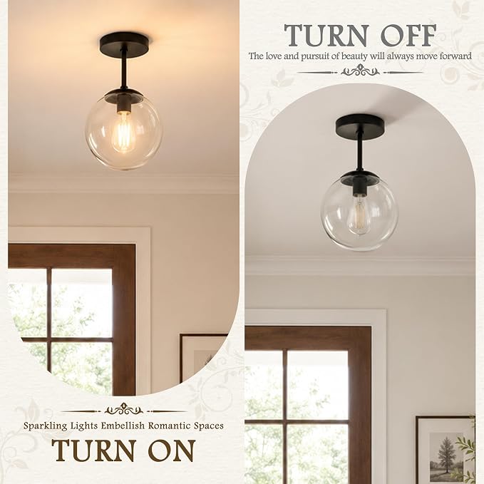 KoKo&Yukina Mid Century Modern Globe Semi Flush Mount Ceiling Light Fixture Clear Glass with Finish Black Globe Ceiling Light for Aisle Porch Stairway Closet Kitchen Laundry Room(Bulb Incl.)