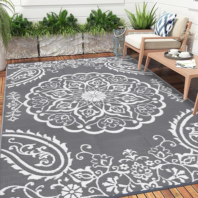 Pauwer Outdoor Rug 6x9, Waterproof Plastic Straw Camping Rug, Boho Grey | Reversible Patio Rug, UV Resistant Indoor Outdoor RV Mat Carpet For Deck, Camper, Porch, Balcony, Backyard, Picnic, Foldable