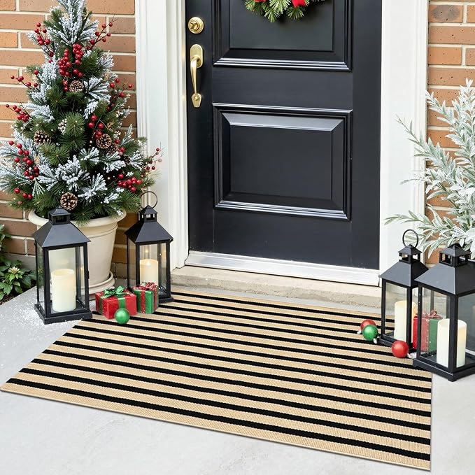 OLANLY Brown and Black Striped Rug 2' x 4'3" (24" x 51") – Washable Cotton Doormat for Indoor Outdoor Use, Layered Front Porch Rug for Entryway, Kitchen, Patio