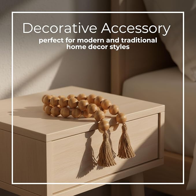 Wood Decorative Objects Bead Garland – Decorative Object Accent for Styling – Coffee Table or Shelf Display – Rustic Bead Tassels for Relaxed Accessories, Home Decor – 32", Brown