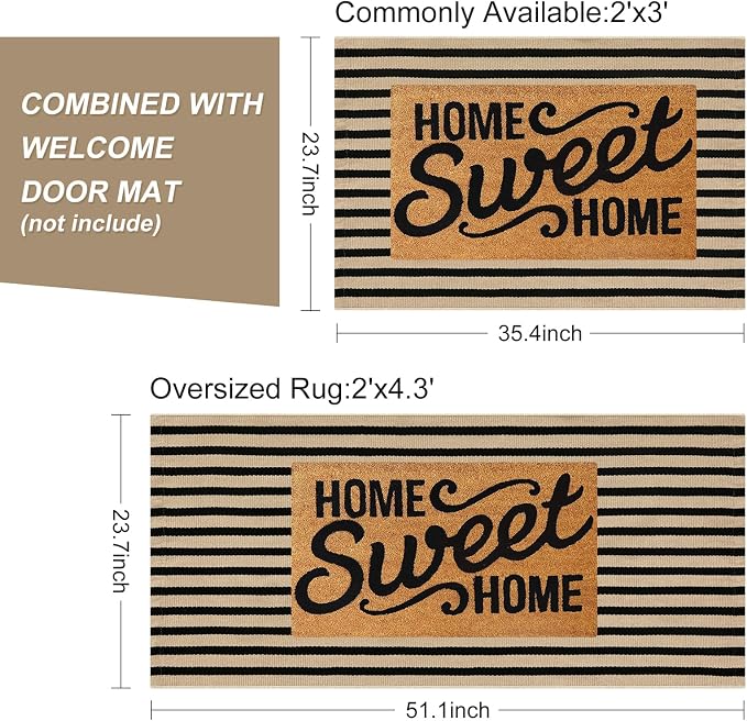 LEEVAN 2'X4.3' Black and Tan Striped Woven Cotton Reversible Outdoor Rug | Small Machine Washable Front Porch Rug, Entryway Door Mat, Indoor Layering Carpet for Farmhouse Bathroom Laundry