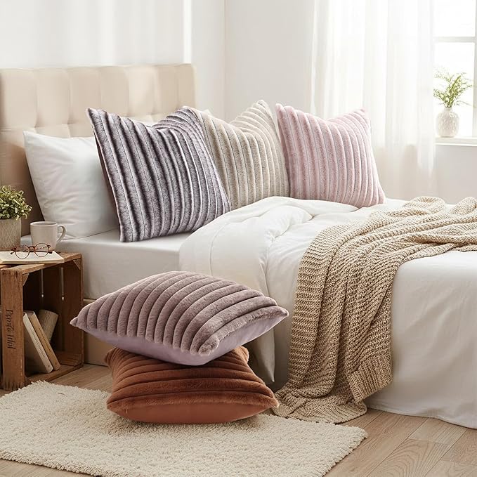 decorUhome Cozy Faux Fur Throw Pillow Covers 22x22 Set of 2 Decorative Soft Plush Striped Modern Farmhouse Boho Couch Euro Sham Pillow Cases with Velvet Back for Sofa Bed Living Roomr, Brown White