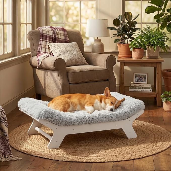 Muihood Elevated Wooden Dog Bed with Foam Mattress, White, Medium | Raised Dog Bed with Washable Cover, Supportive Foam Mattress, Perfect for Medium Dogs and Indoor Living