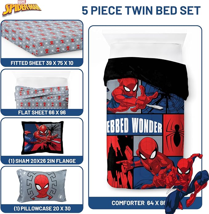 Marvel Spiderman Twin Comforter Set 5 Piece Kids Bedding for Boys, Multi | Bed in a Bag, Comforter Sheets Sham Pillowcase, Official Product, Soft Microfiber, Machine Washable, Easy Care, Boys Gift