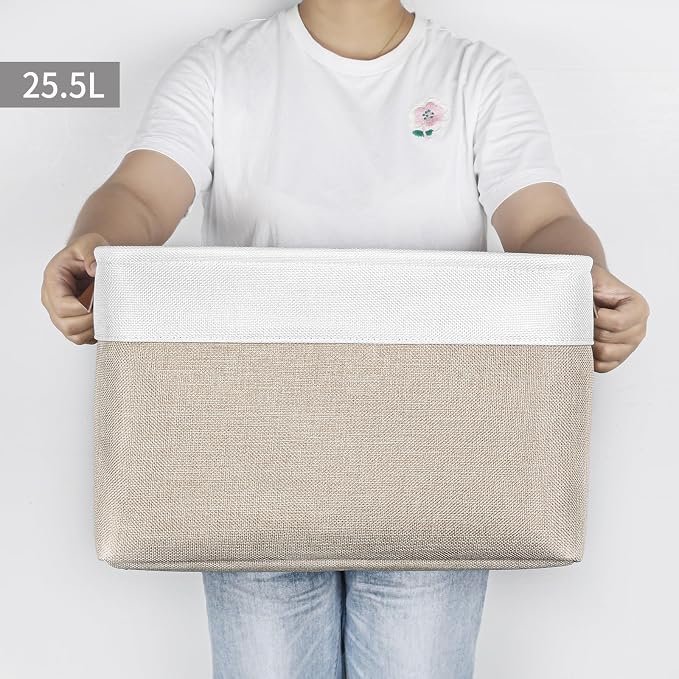 Bagnizer Storage Bins Large Fabric Storage Baskets for Shelves 3 Pack, Decorative Linen Closet Baskets with Handles for Organizing, Shelf, Clothes, Home, Office, 15x11x9.5Inches (Beige&White)