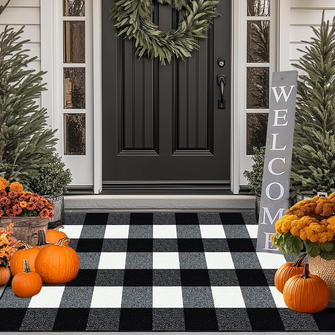 FONEYI Buffalo Plaid Outdoor Rug for Front Door Mats, 27.5" x 43" Black and White Checkered Layered Door Mat with Non Slip Backing, Washable Entryway Rug for Porch, Front Porch and Farmhouse Decor